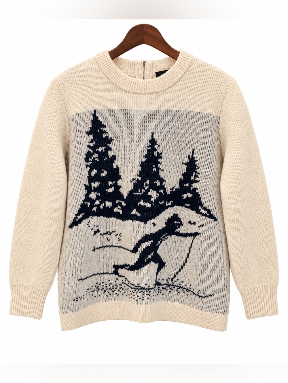 Women’s J. Crew Cream & Navy Ski Scene Crewneck Sweater 100% Wool